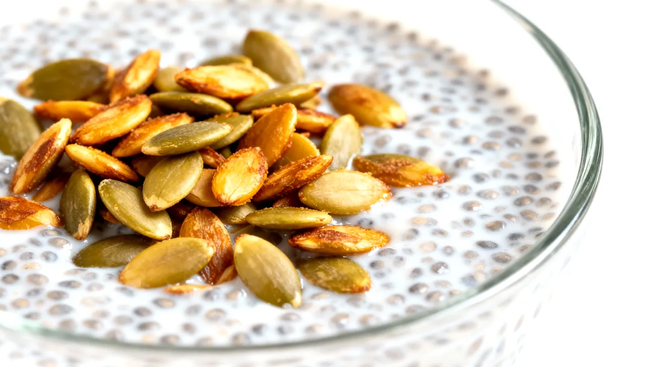 Chia-Pudding mit Kokosmilch und gerösteten Kürbiskernen"