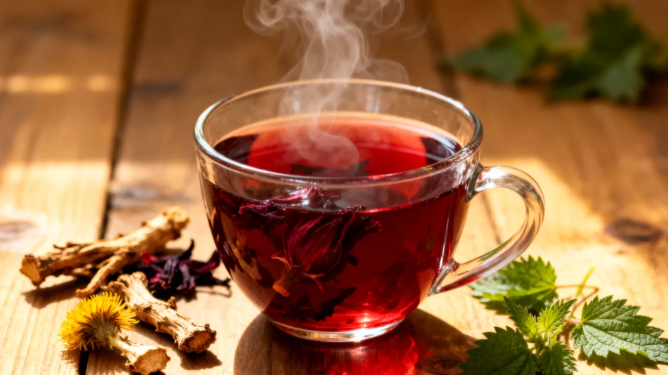Hibiskusblüten-Tee mit Löwenzahnwurzel und Brennnesselblättern"